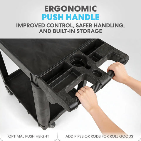 Heavy Duty Rolling Utility Cart With Ergonomic Handle And Deep Shelves For Garage, Warehouse Or Workshop, 40x33x17 inches shown