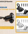 Heavy Duty Self Closing Gate Latches Matte Black Rust Proof Slide Bolt display showing latch and screws for installation.