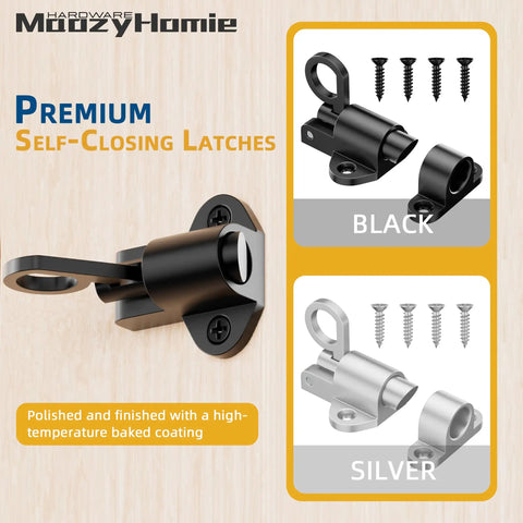 Heavy Duty Self Closing Gate Latches Matte Black Rust Proof Slide Bolt display showing latch and screws for installation.