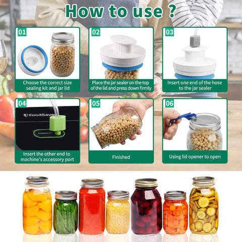 Amazon Mason jar sealer kit for FoodSaver; white lid with blue gasket, hose accessory; for regular and wide-mouth jars.