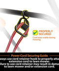 Power cord secured with hook on corded electric lawn mower with 14 inch cutting width and 11 amp power for quick yard work.