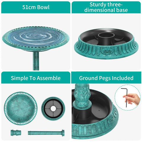 Collage of 28 Inch Solar Powered Bird Bath With 3.5 Watt Fountain Kit And 8 Nozzles For Outdoor Backyard Garden Courtyard Weather Resistant Polyresin Pedestal Green Finish, showing assembly details and features.