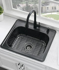 Top view of 25 by 22 Inch Drop In Kitchen Sink Stainless Steel 16 Gauge Deep Single Bowl Topmount With Dish Grid And Roll Up Rack