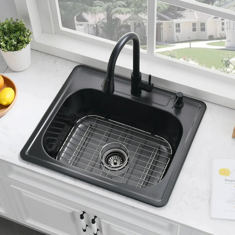 Top view of 25 by 22 Inch Drop In Kitchen Sink Stainless Steel 16 Gauge Deep Single Bowl Topmount With Dish Grid And Roll Up Rack