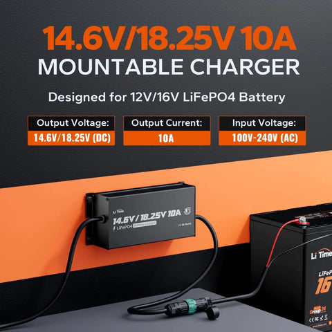 All In One 12V To 16V LiFePO4 Battery Charger 10A with wall mount and cable connection, IP65 Waterproof for Marine Car RV