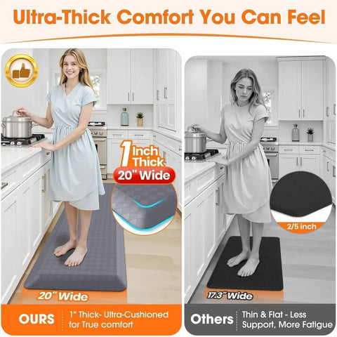 Image comparing a 1 inch thick Anti Fatigue Kitchen Mat 72 By 20 Inches One Inch Thick Non Slip Heavy Duty Water Resistant Rug to a thinner mat in a kitchen setting.