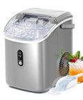 Countertop Nugget Ice Maker Delivers 34 Pounds Daily With One Touch Control And Self Clean Wash, showing ice, scoop, and drinks.