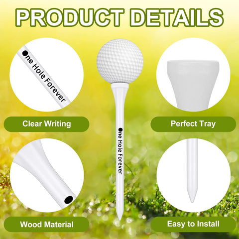 Detailed view of 100 Pieces Bachelor Party Golf Tees Bulk Set Funny Tees, showing text 'one Hole Forever' and material features.