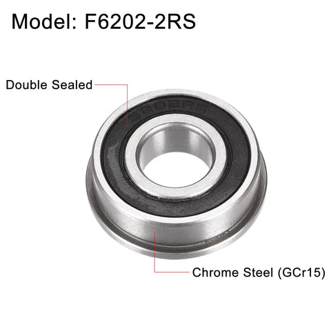 Flanged Ball Bearing F6202 2RS 15x35x11mm Double Sealed Chrome Steel Bearings Pack Of 2, High Load Capacity And Low Noise, ABEC1 Precision, Durable GCr15 Races, Ideal For Small Motors, DIY Projects, Conveyors, And Machinery, double sealed chrome steel bearing