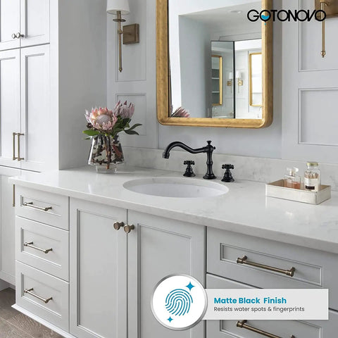 Elegant 3 Hole Widespread Matte Black Bathroom Faucet with Double Cross Handles Deck Mount on white vanity with mirror