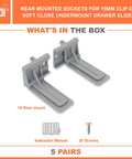 Undermount drawer slides rear brackets in durable plastic for face frame cabinets, packaged with screws and manual, 5 pairs included