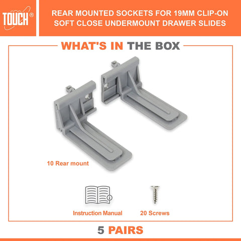 Bulletproof Rear Mount Brackets For Undermount Drawer Slides And Face Frame Cabinet Hardware, grey rear mount sockets, 10 count.