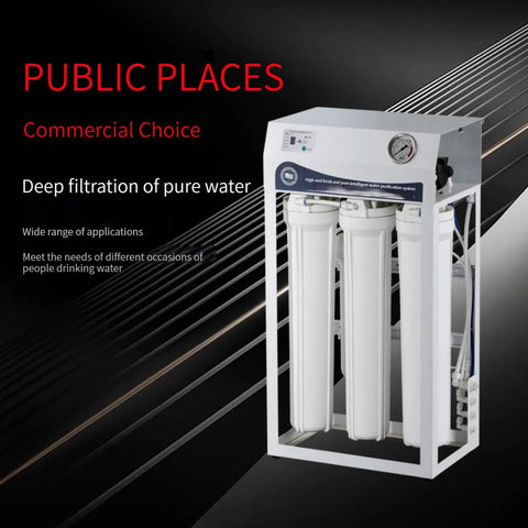 Top Shelf 400 Gpd Reverse Osmosis Water Purification System Hella Pure Direct Drinking Filter, white metal frame with three filters, for commercial use.