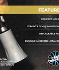 Close-up of Ultra Air Blaster Mini Car Detailing Tool with anodized metal body highlighting features and pro tip label.