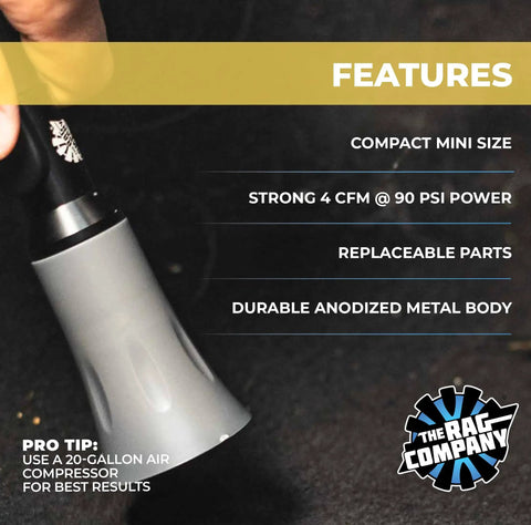 Close-up of Ultra Air Blaster Mini Car Detailing Tool with anodized metal body highlighting features and pro tip label.
