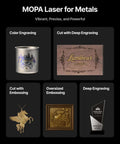 MOPA Laser for Metals: color engraving on metal mug, deep engraving on wood plaque, embossing on jewelry; five panels