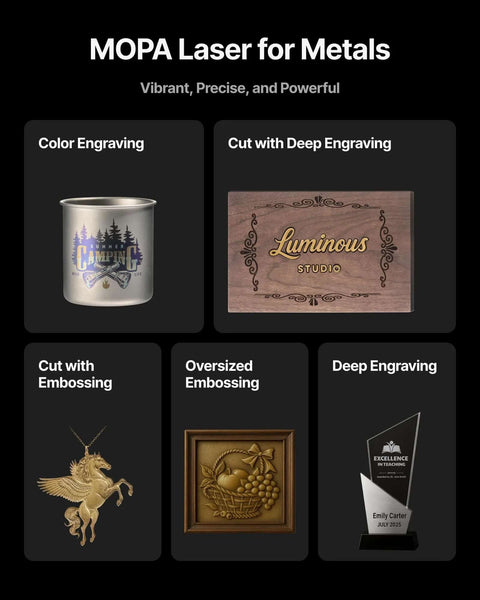 MOPA Laser for Metals: color engraving on metal mug, deep engraving on wood plaque, embossing on jewelry; five panels