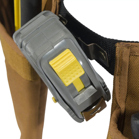 Close-up of Legacy Standard Tool Belt With 11 Pockets Padded Comfort Brown 1200 Denier Polyester showing tape measure clip detail