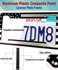 Patriotic Black American Flag License Plate Frames 2 Pack Front And Rear Aluminum Car Tag Holder With Screws Rustproof Double Sided UV Protected Stars And Stripes USA frame detail with license plate