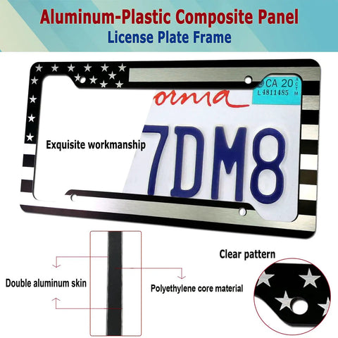 Patriotic Black American Flag License Plate Frames 2 Pack Front And Rear Aluminum Car Tag Holder With Screws Rustproof Double Sided UV Protected Stars And Stripes USA frame detail with license plate