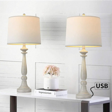 27.75 Inch USB Table Lamps Set of 2 With Built In Charging Ports, Vintage Resin Nightstand Lamps for Bedroom and Living Room