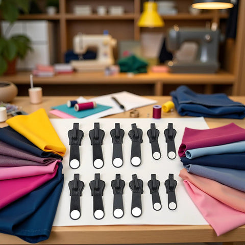 12 Piece Black Zipper Repair Kit With Replacement Sliders And Teeth Universal Fit For Jackets Pants Bags And More displayed on a table with fabrics