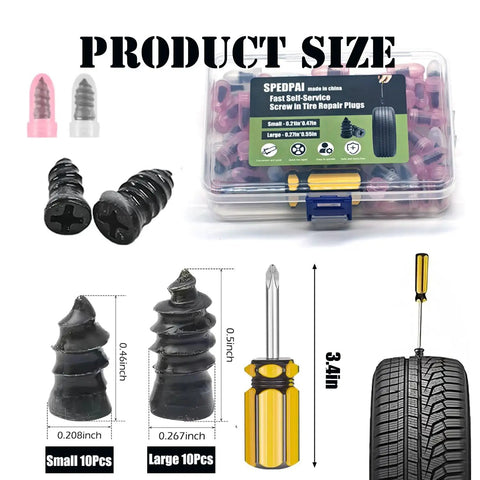 Tire Repair Kit With Rubber Nails And Vacuum Plugs Screw Type Fast Tool Self Service Patch Kit For Quick Fix On Cars Motorcycles Trucks And Bikes Two Size Nails 20Pcs No Jack Needed For On The Go Puncture Repair with product sizes and components displayed.