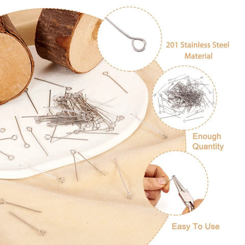 Stainless Steel Open Eye Pins With Loop For Beading And Jewelry Making 26mm Long 0.6mm Thick 24 Gauge Eye Pins 2mm Hole Compatible 1000 Pack Durable Hypoallergenic Jewelry Findings For Necklaces And Bracelets, 201 stainless steel eye pins on wood