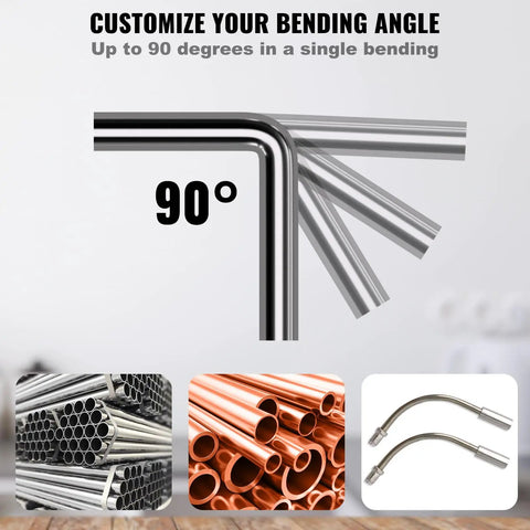 Vevor 1-4 To 7-8 Inch O.D. Ratcheting Pipe Tube Bender With 90 Degree Forward Reverse Bending Action And 7 Dies showing 90 degree bends in various pipes.