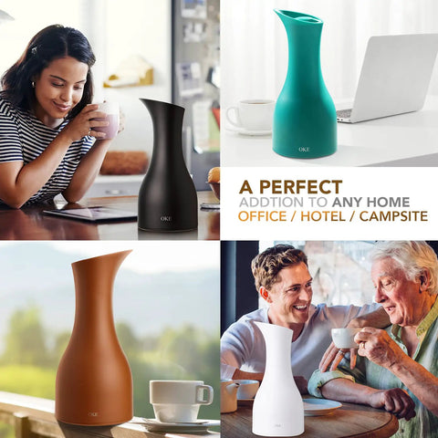 Collage of Double Walled Vacuum Glass Carafe Keeps Tea, Coffee, And Water Hot Or Cold For 24 Hours in different settings