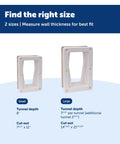 Comparison of small and large sizes for Electronic Pet Door Wall Conversion Kit for large pets, highlighting tunnel depth and cut-out sizes.
