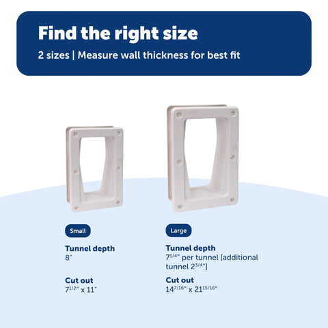 Comparison of small and large sizes for Electronic Pet Door Wall Conversion Kit for large pets, highlighting tunnel depth and cut-out sizes.