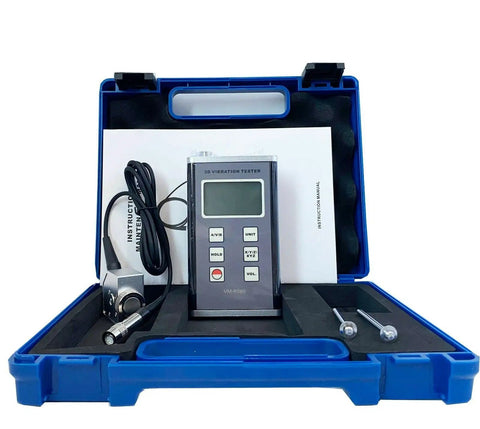3 Axis Piezoelectric Accelerometer Vibration Meter With 3D Velocity Vibrometer Gauge, Data Logger, And 10 Hz To 10 kHz Range, ISO 2954 Compliant Pro Grade Diagnostic Gear For Rotating Machinery, Detects Misalignment And Out Of Balance in blue case
