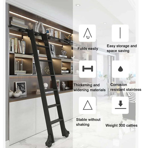 Sliding Barn Door Kit With Ladder Rail System for double doors in modern interior, black aluminum ladder against library shelves.