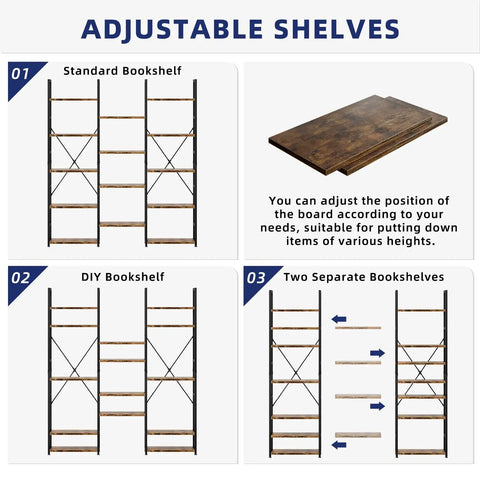 Triple Column Five Tier Bookshelf With Fourteen Open Display Shelves Rustic Industrial Style Modern Bookcase adjustable configurations