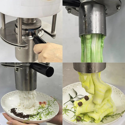 Electric Ice Cream Press Machine With Four Interchangeable Stainless Steel Molds For Shops Easy Clean ABS Plastic 420ML Hopper dispensing colorful spaghetti strands.