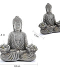 Sitting Meditating Buddha Statue 11.4 Inch Resin Garden Decor with Solar LED Lotus Lights, dimensions shown.