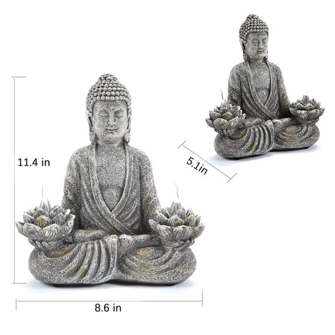 Sitting Meditating Buddha Statue 11.4 Inch Resin Garden Decor with Solar LED Lotus Lights, dimensions shown.