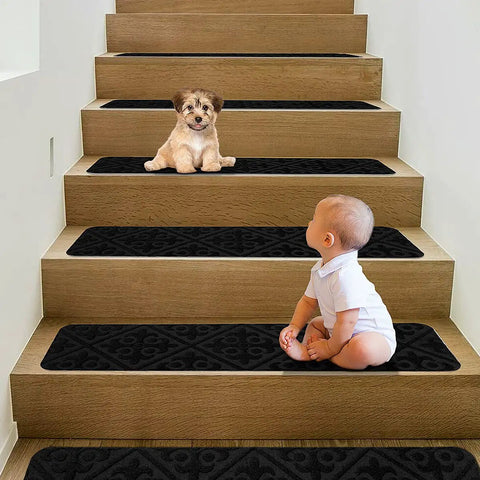 Non Slip Carpet Stair Treads For Wooden Stairs Indoor Stick On Runners 14 Pcs 8x30 Inches No Slip Grip For Dogs Kids And Seniors Black Easy To Install. Image shows a baby and a puppy on wooden stairs with black non-slip treads.