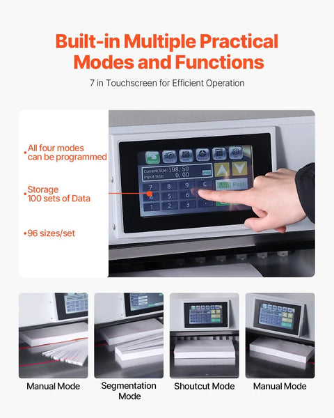 VEVOR Heavy Duty Electric Paper Cutter With 19 Inch Cutting Width And 3 Inch Depth Cuts Up To 800 Sheets Effortlessly Featuring Modern 7 Inch Touchscreen for mode selection.