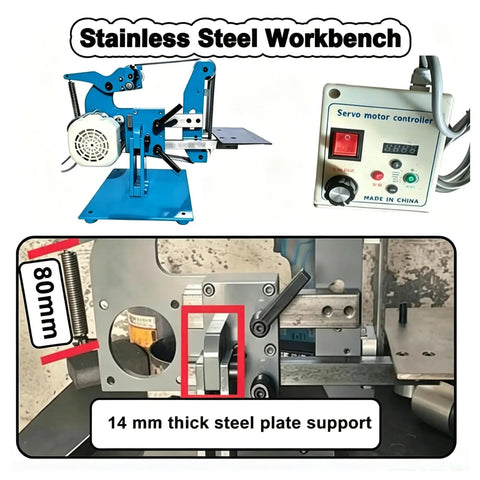 Stainless Steel Workbench with servo motor controller, 80mm size, and 14mm thick steel plate support for precision work.