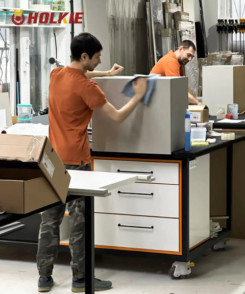 Two workers using Heavy Duty Retractable Leveling Casters Set Of 4 With Ratchet Handle No Sweat Height Adjust on a workbench.
