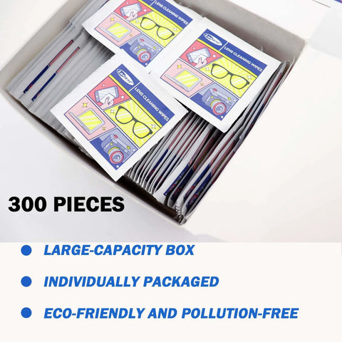Lens cleaning wipes, 300-count, individually wrapped; large-capacity box with labeled packets