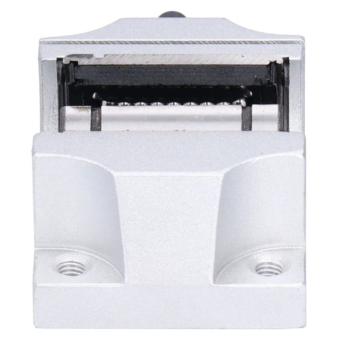 Front view of Aluminum Alloy 20mm Bore Linear Ball Bearing Slide Block with 68mm Length and Open Guide for CNC Machines and Electronic Equipment