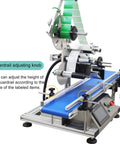 Automatic Flat Labeling Machine With Desktop Conveyor For High Speed Sticker Application showing adjustable guardrail for labeling items.