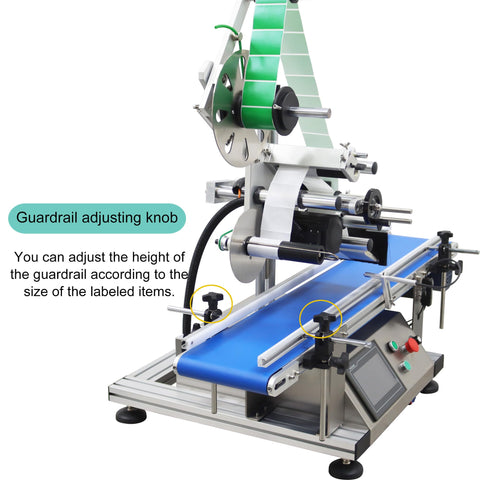 Automatic Flat Labeling Machine With Desktop Conveyor For High Speed Sticker Application showing adjustable guardrail for labeling items.