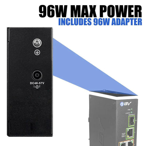 Industrial DIN Rail 8 Port PoE Plus Switch, With Gigabit And SFP Uplinks, 120W Budget, Power Over Ethernet For IP Cameras, Wireless APs, And VoIP Phones, black metal side view with DC48-57V input