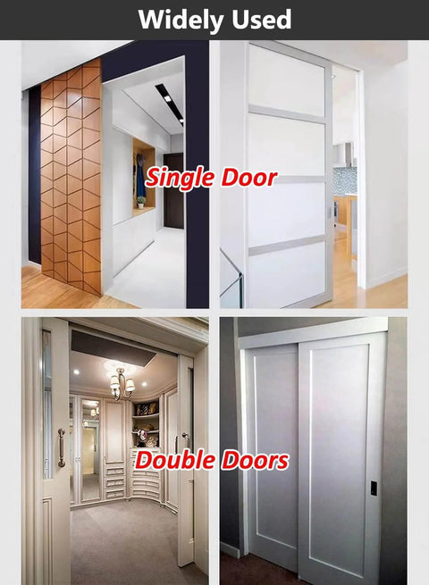 Beefy Heavy Duty Aluminum Sliding Door Track Kit for Two Door Systems installed on interior wooden doors, silver finish.