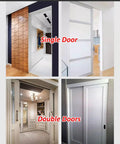 Hella Sturdy Double Sliding Barn Door Hardware Kit With Heavy Gauge Aluminum Track And Smooth Wheels Fast Install For Closets Armoires Or Living Spaces, showcasing single and double doors in modern interiors.