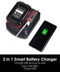 V20 20V Battery Charger With Dual USB Ports charging CMCB201 battery and smartphone, showing LED status